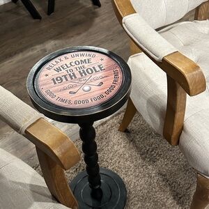 Round Accent Side Table with 'Welcome to the 19th Hole' Top - Black & Wood Tone